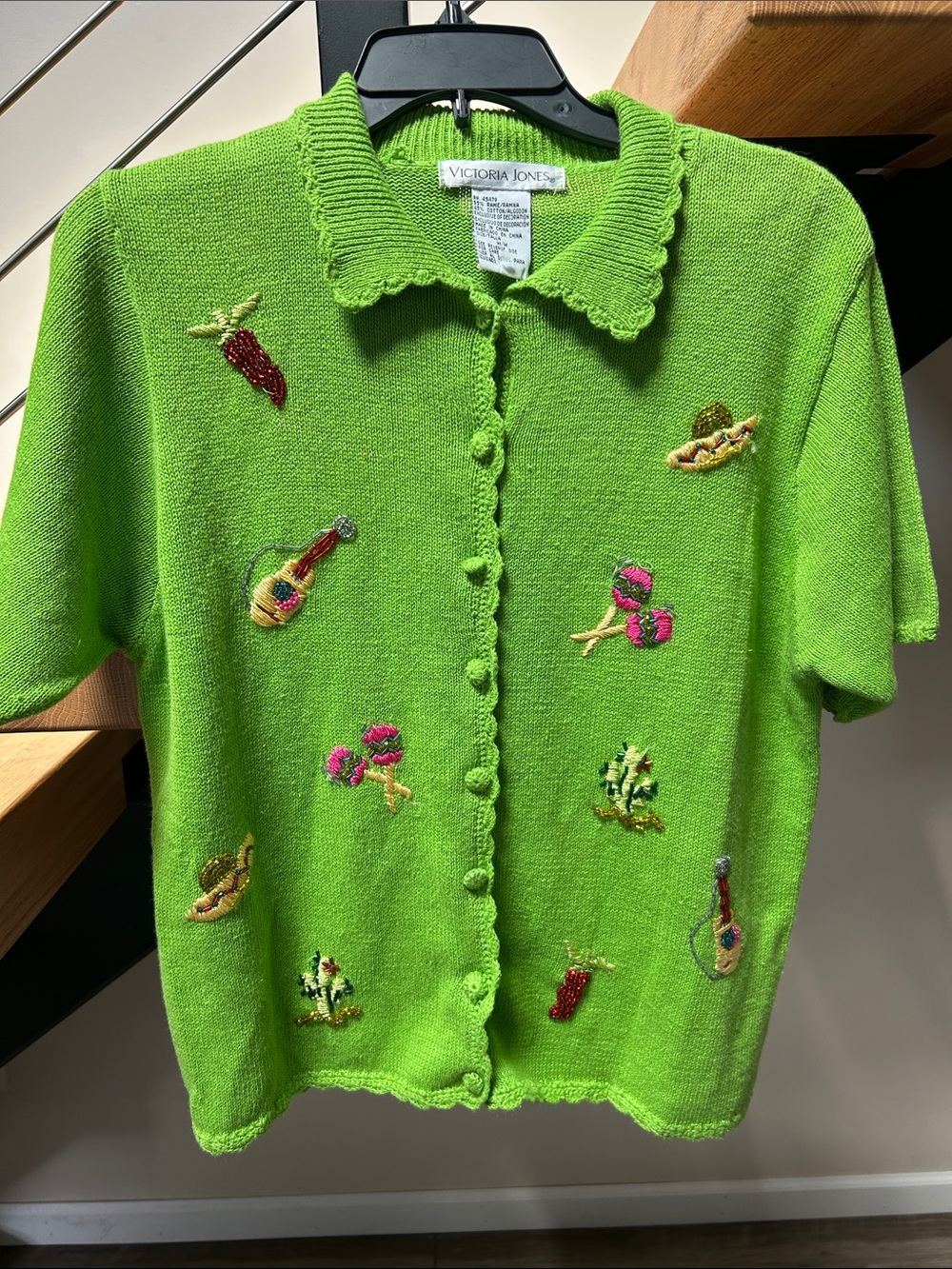 Victoria Jones Woman Lime Green Short Sleeve Embroidered Button Cardigan